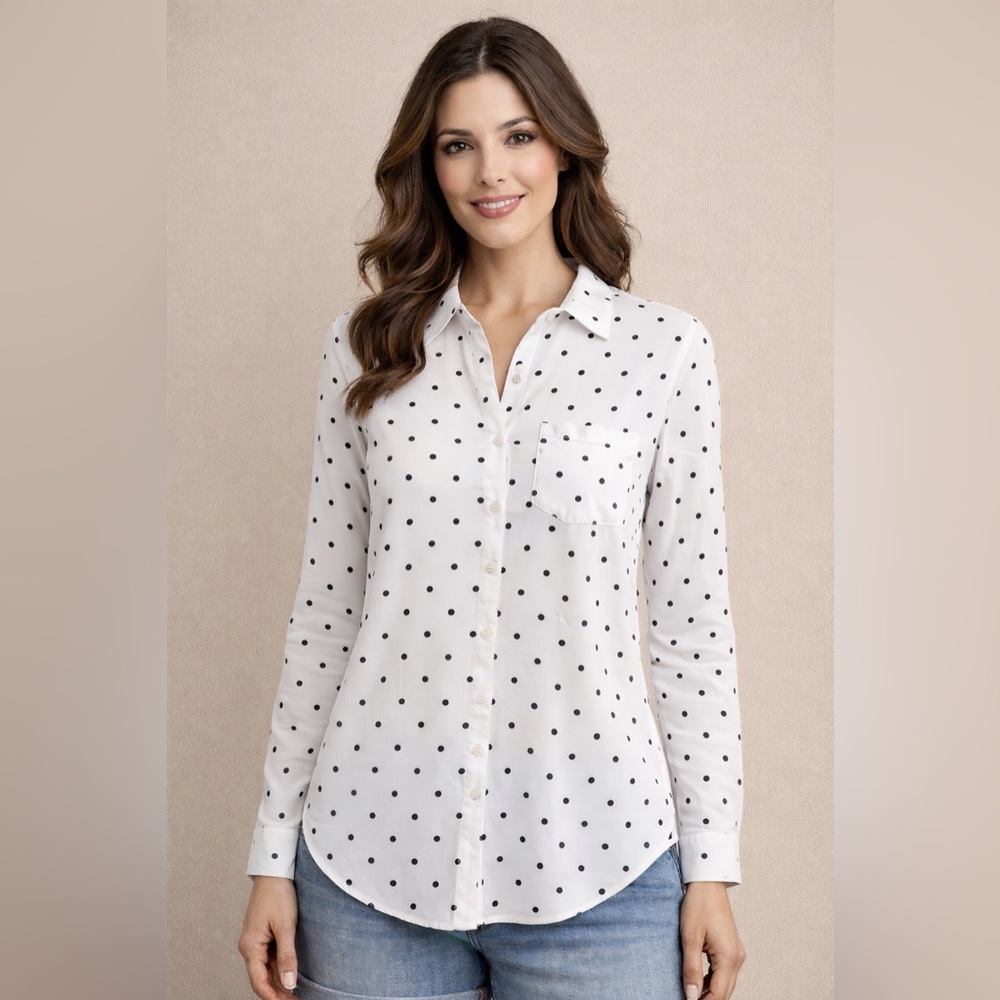 George White Long Sleeve Button Down Shirt Soft Polka Dots